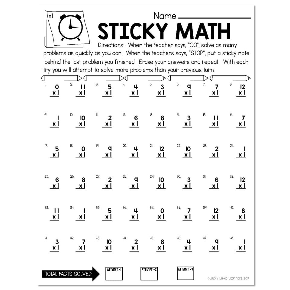 Sticky Math Fact Fluency Practice Multiplication X1 Lucky 