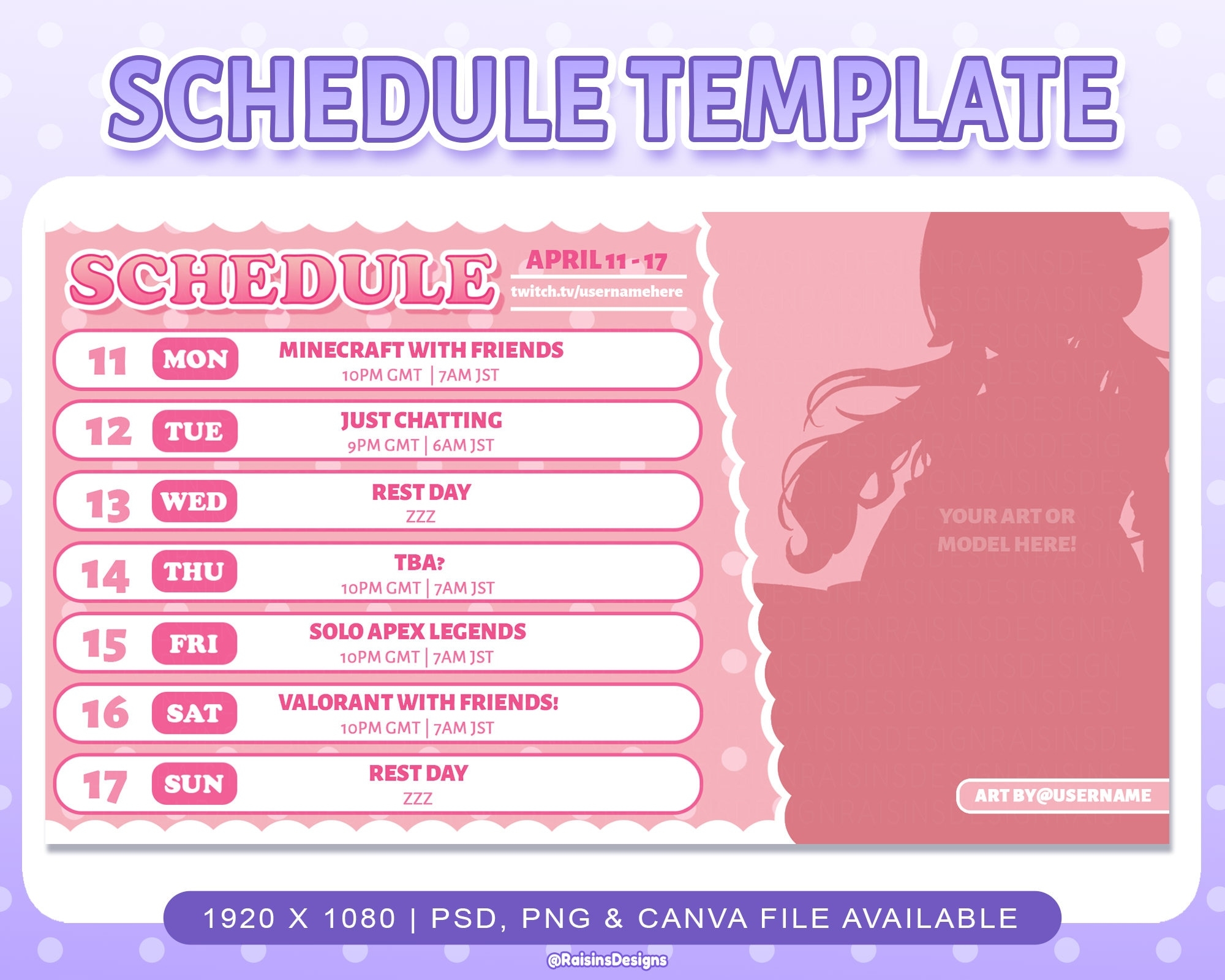 Stream Schedule Template For Twitch U0026 Youtube Streaming Pink 