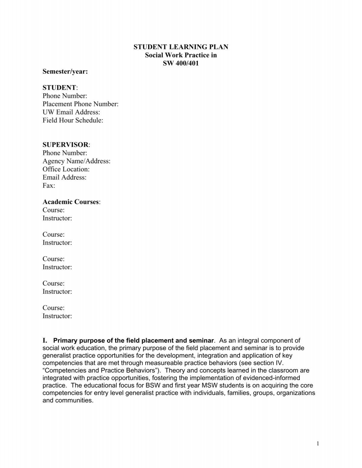 Student Learning Plan Template The School Of Social Work