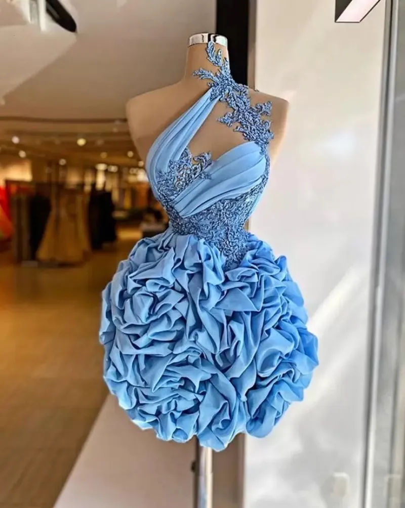 Stunning Light Blue African Puffy Cocktail Dress With Beaded Lace Applique And Ruched Details Perfect For Prom Homecoming And Parties From Lindaxu90 108 92 DHgate Com