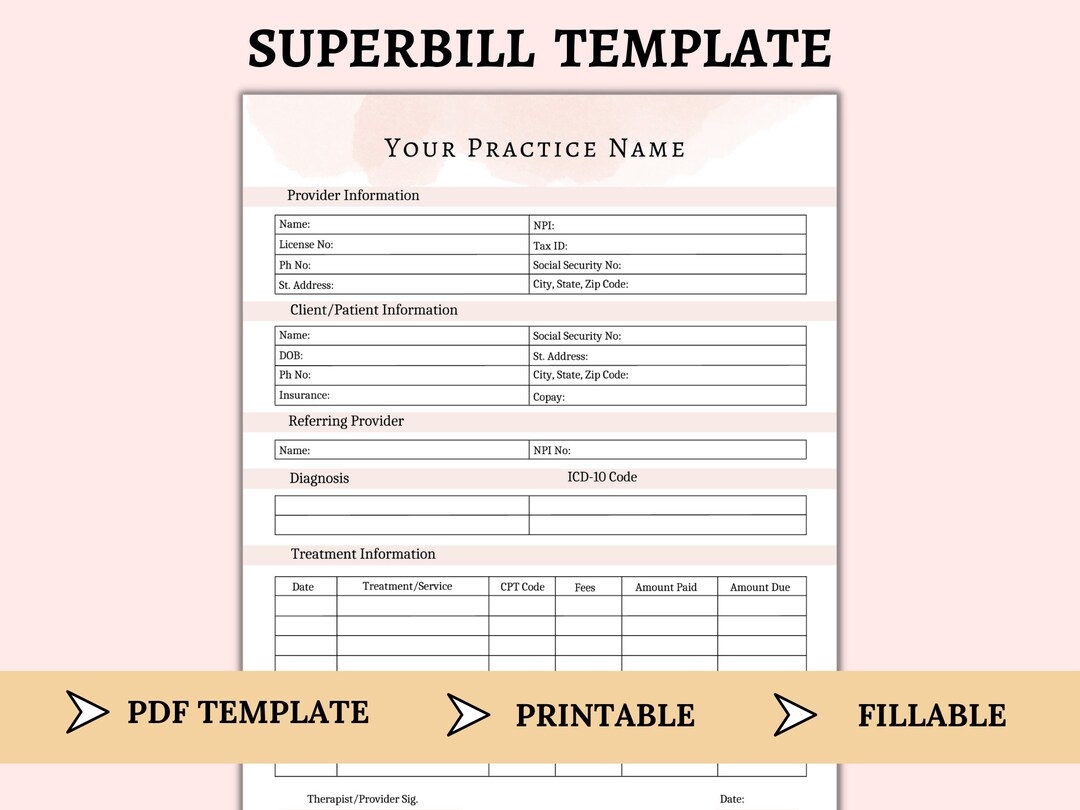 Superbill Template For Mental Health Provider Therapist Fillable U0026 Printable Therapist Invoice Statement Of Service For Counselors PDF Etsy
