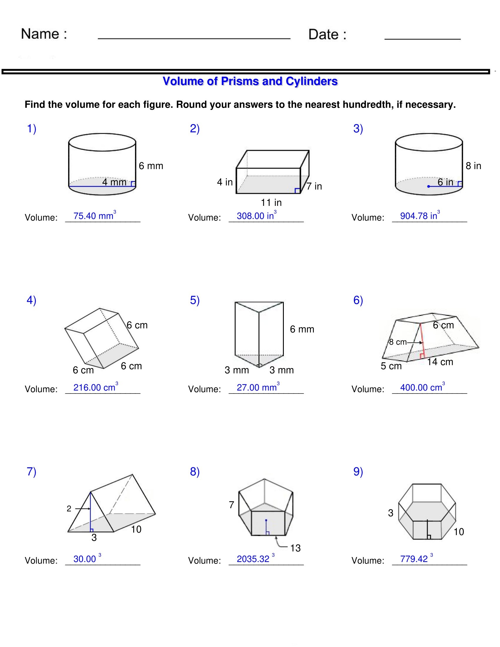 cylinder volume worksheet