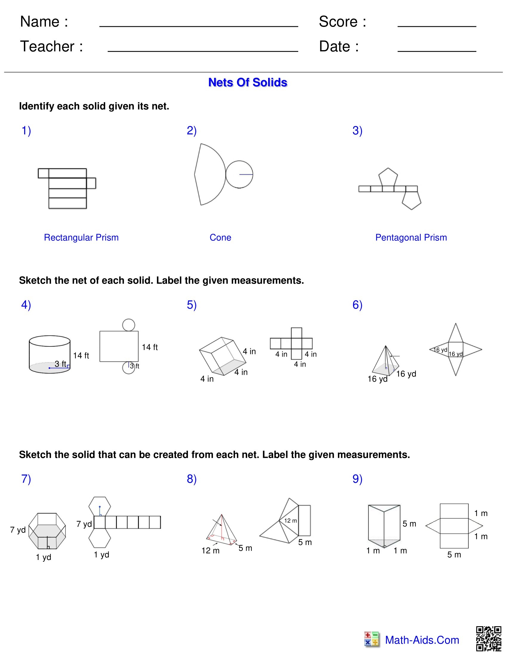 Surface Area U0026 Volume Nets Of Solids Worksheets Made By Teachers