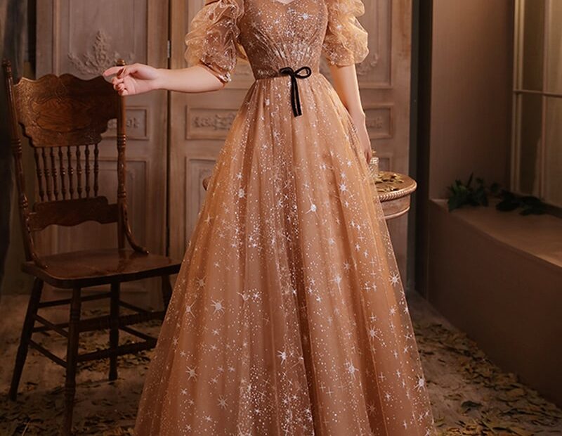 Sweet Champagne Short Sleeve Formal Evening Party Dress With Stars FloraShe
