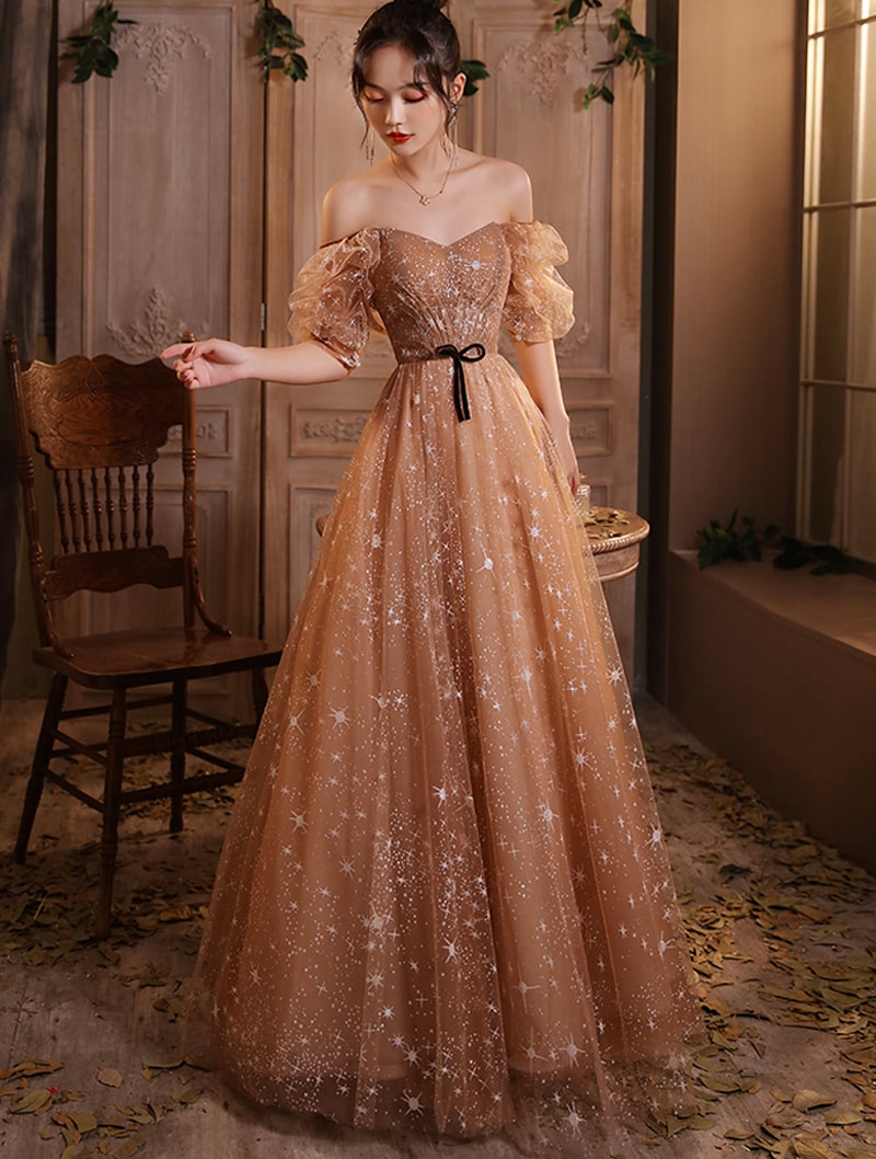 Sweet Champagne Short Sleeve Formal Evening Party Dress With Stars FloraShe