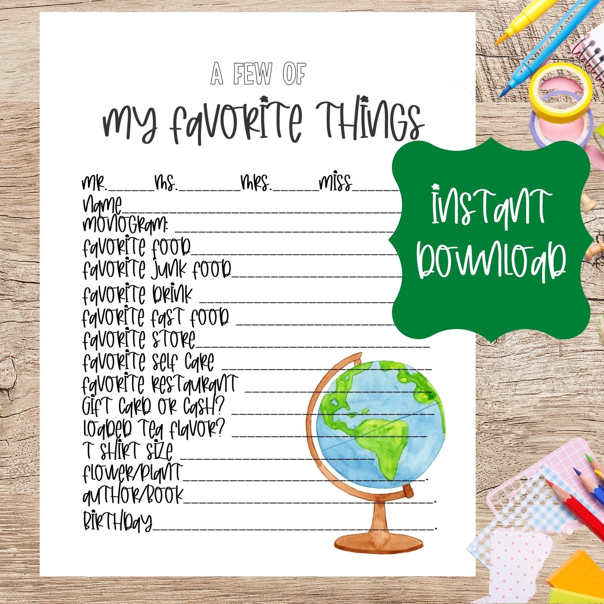 free printable teacher favorite things