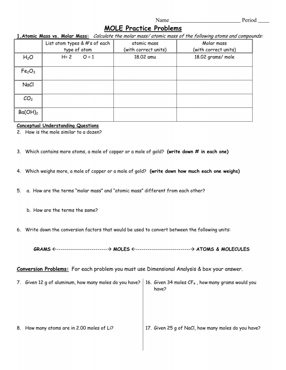 The Mole Worksheet