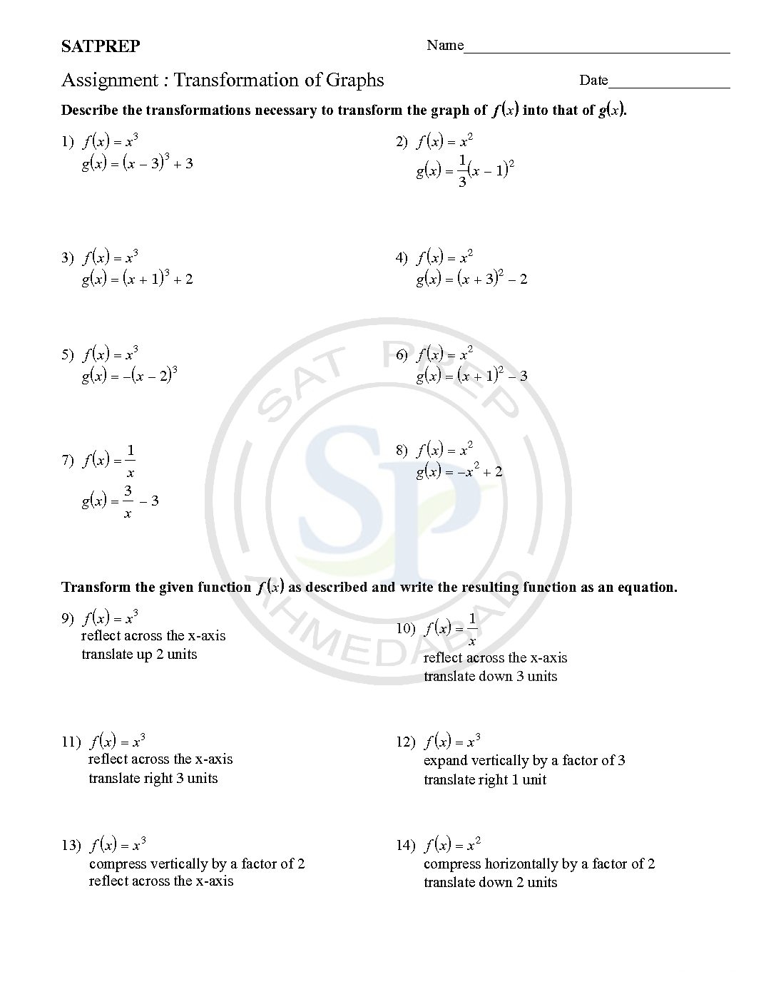 functions and transformations worksheet