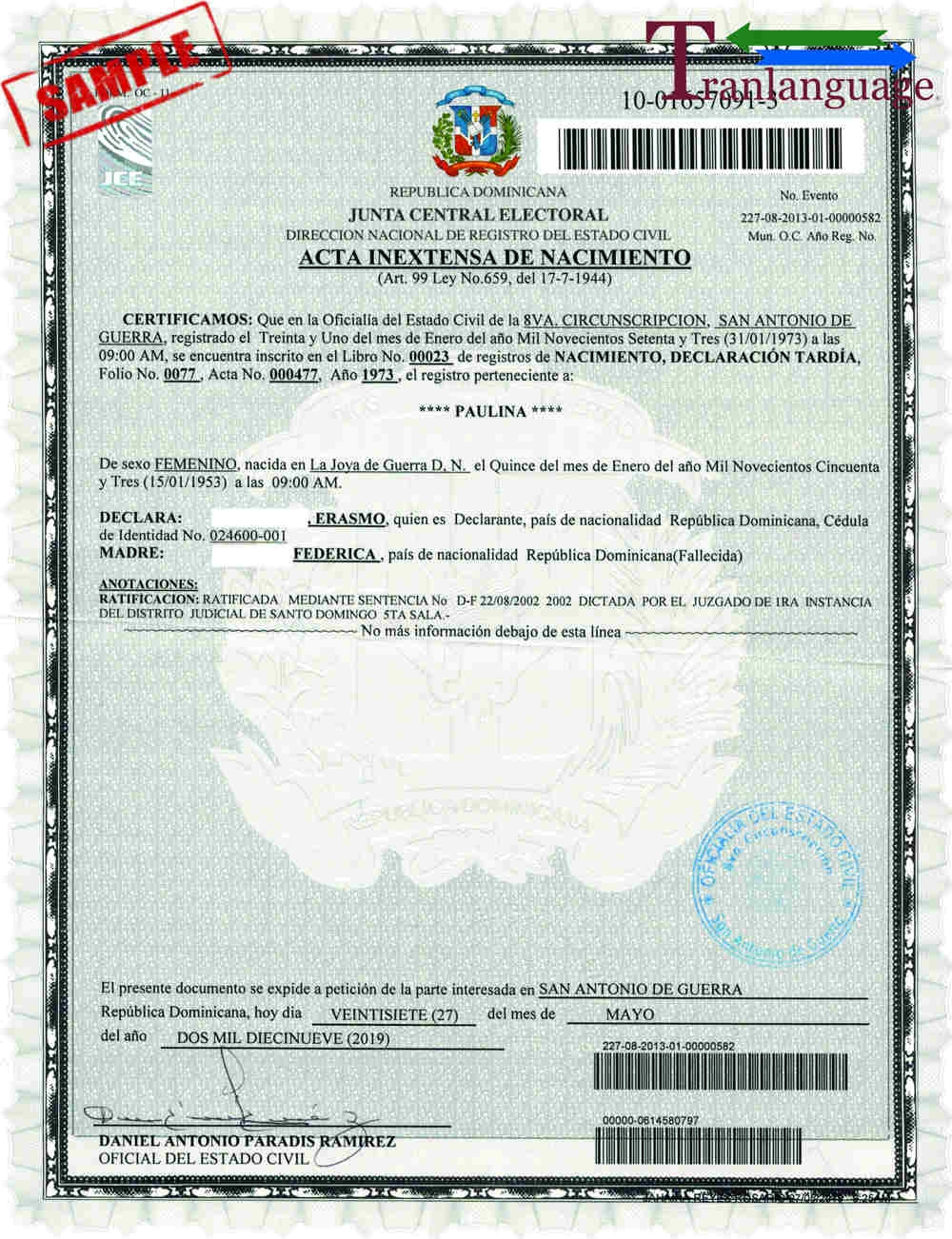Translation Of Birth Certificate Dominican Republic I