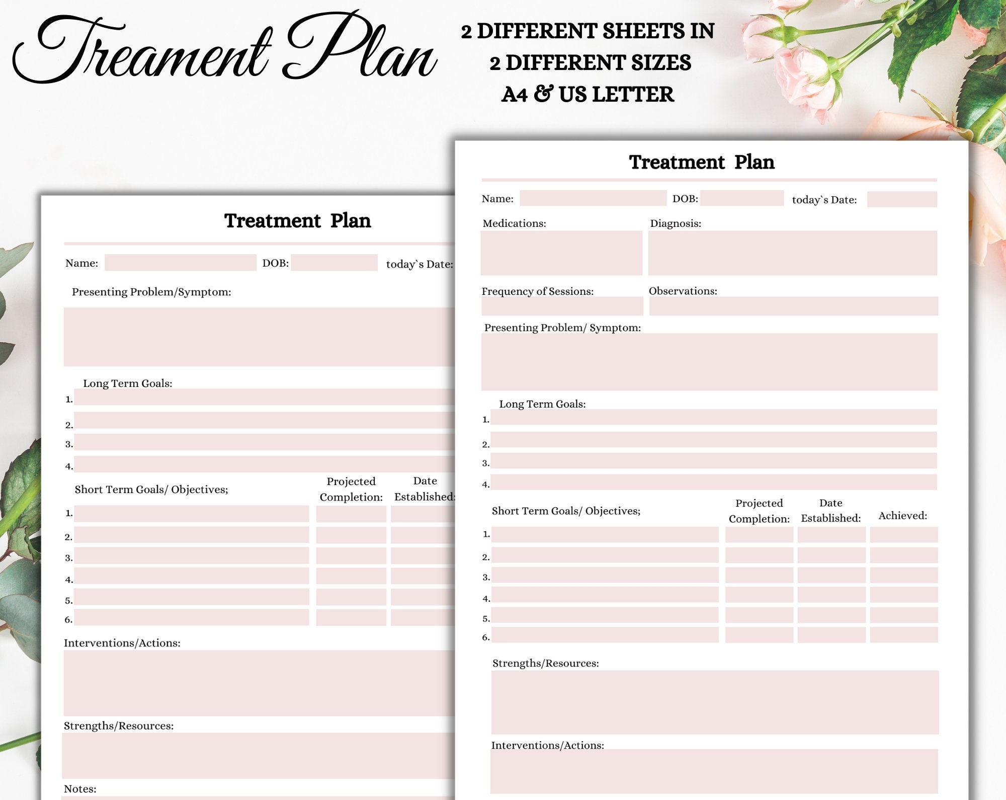Treatment Plan Template Client Treatment Printable Sheet 