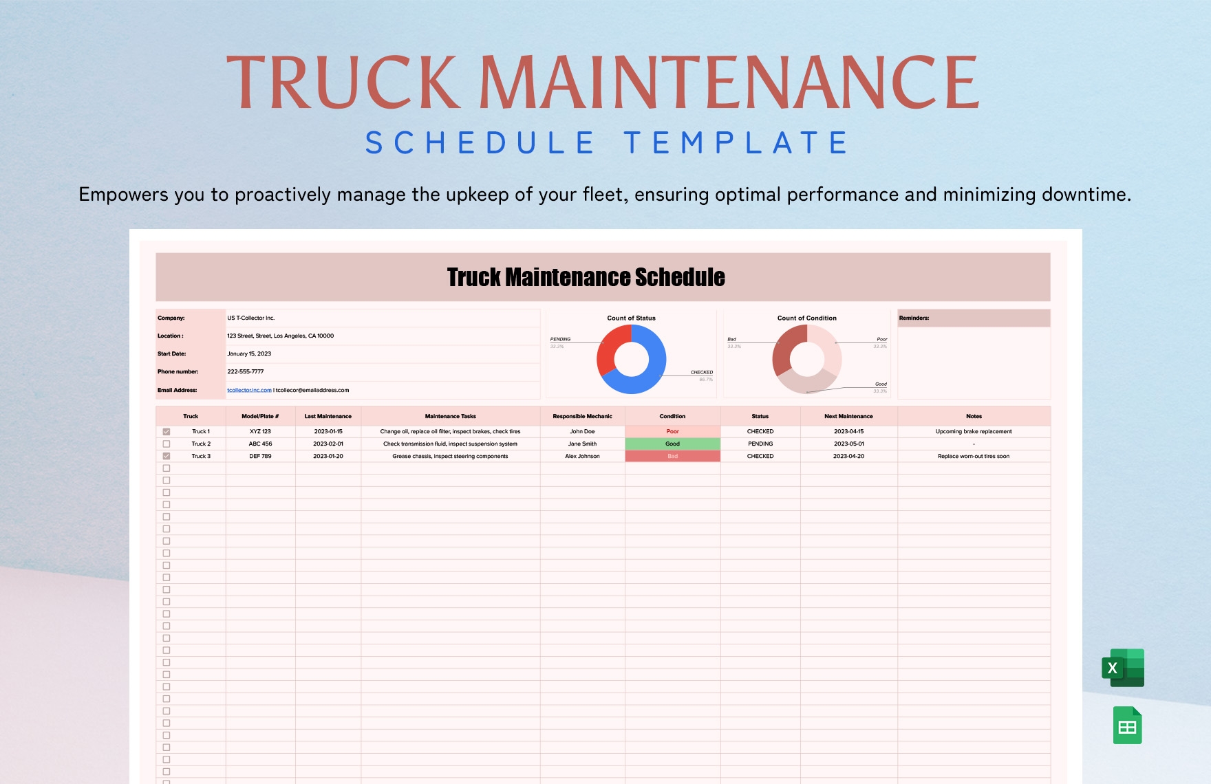 Truck Maintenance Schedule Template In Excel Google Sheets 
