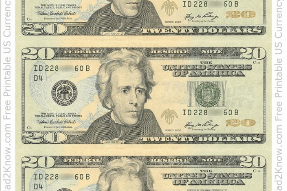 Twenty Dollar Bill Template Front Download Printable PDF