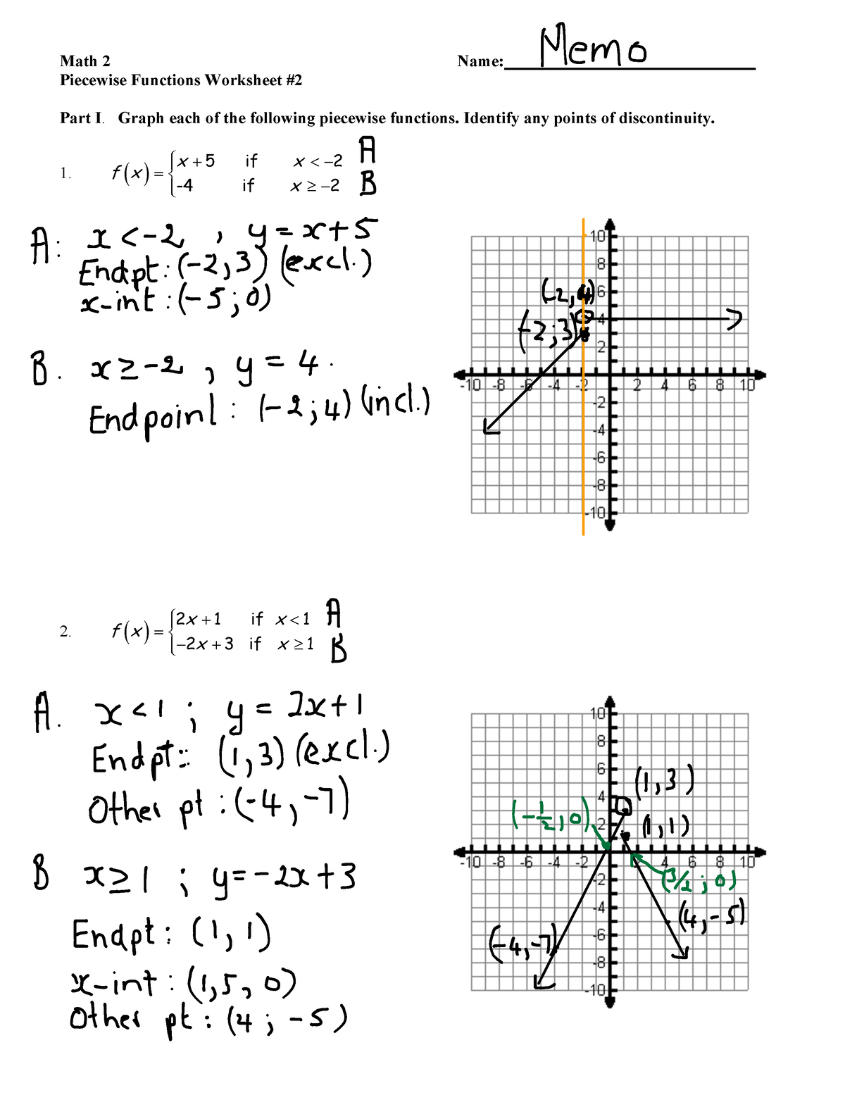 UNIT 8 Worksheet 2 Memo Math 2 Name Piecewise Functions Worksheets Library