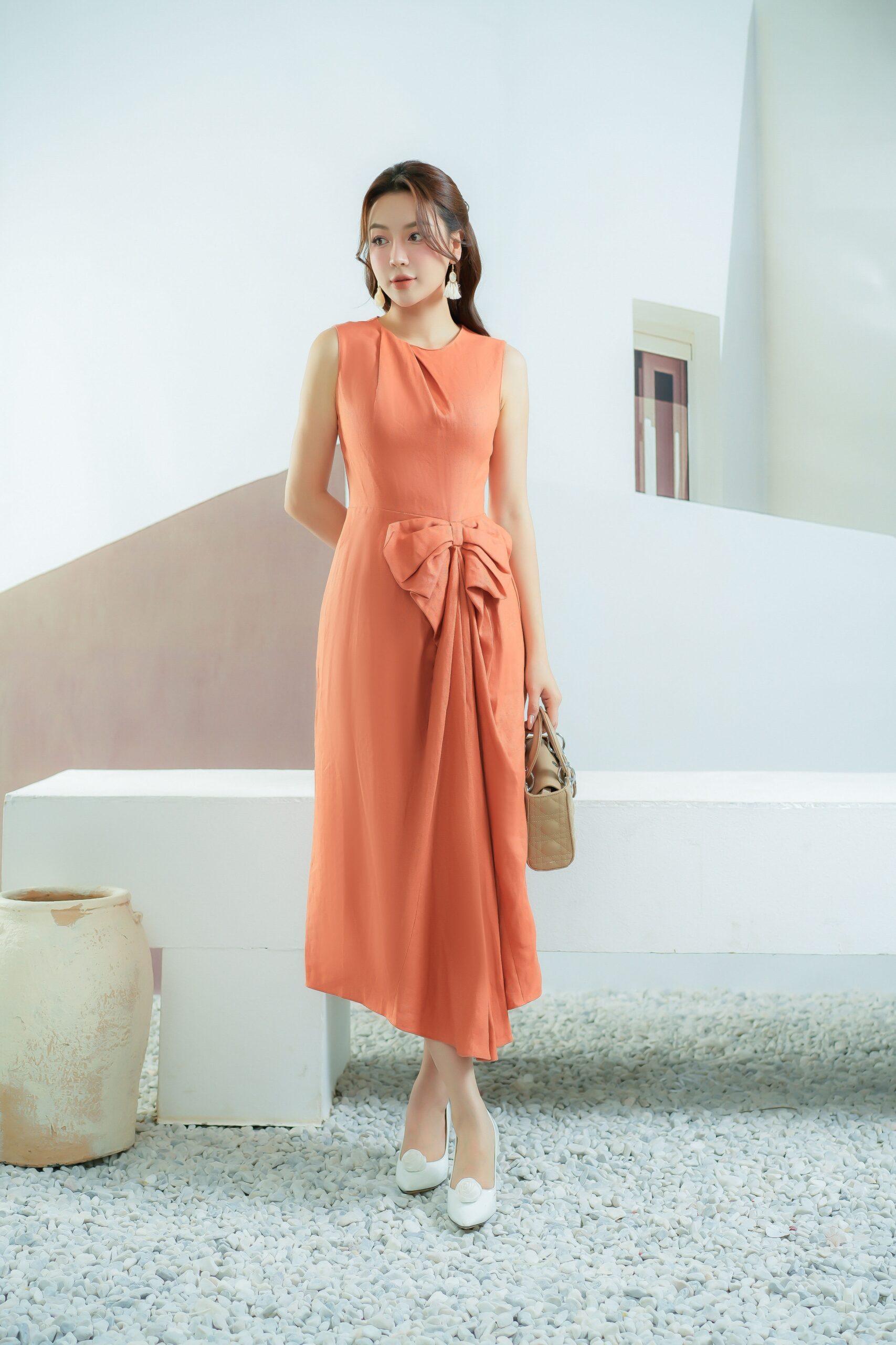 V y m Salmon Sleveless Midi Linen Dress
