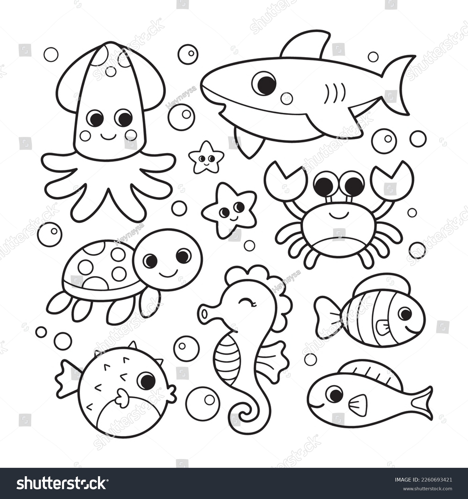 Vektor Stok Ocean Animals Coloring Pages Kids Tanpa Royalti 2260693421 Shutterstock