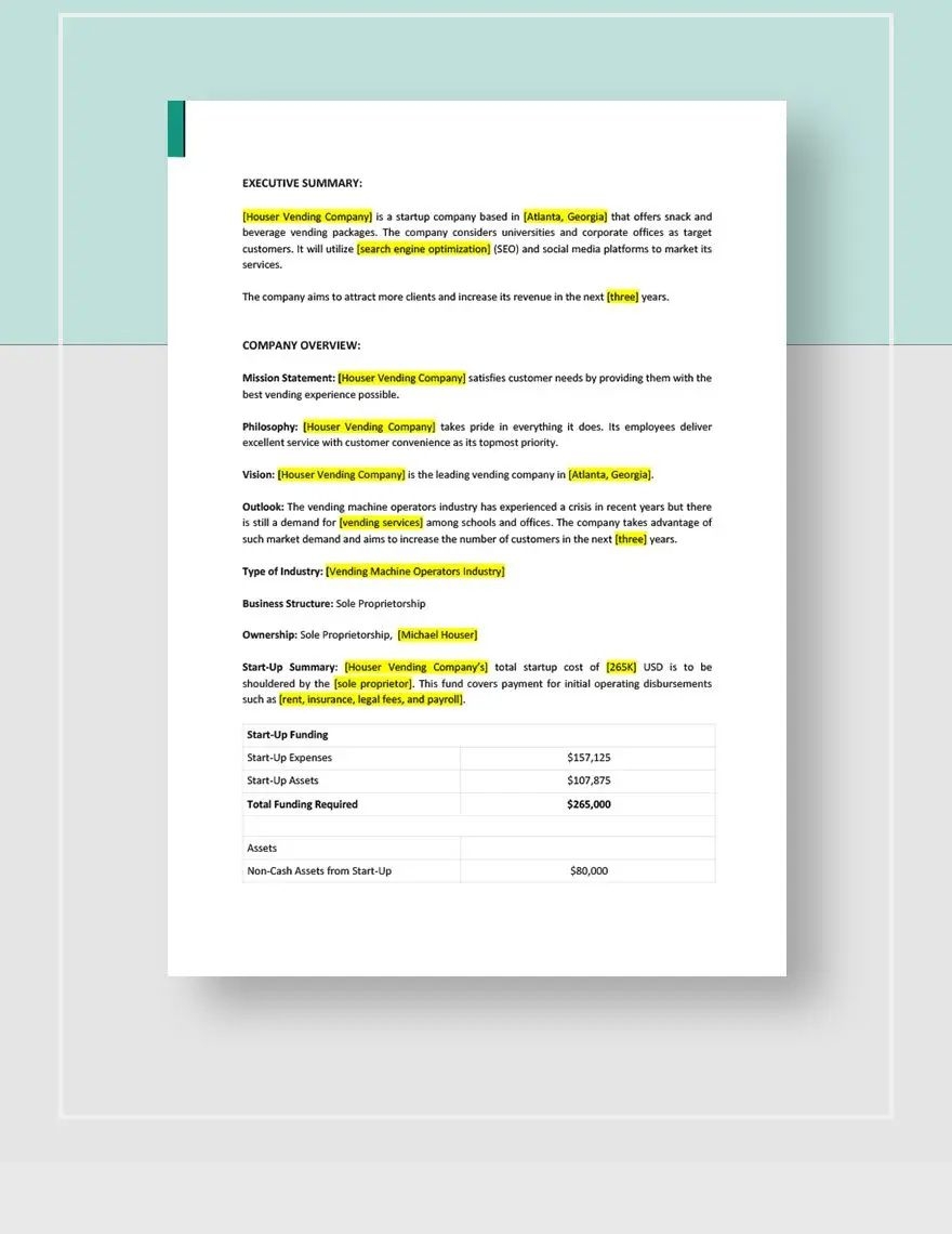 vending machine business plan template