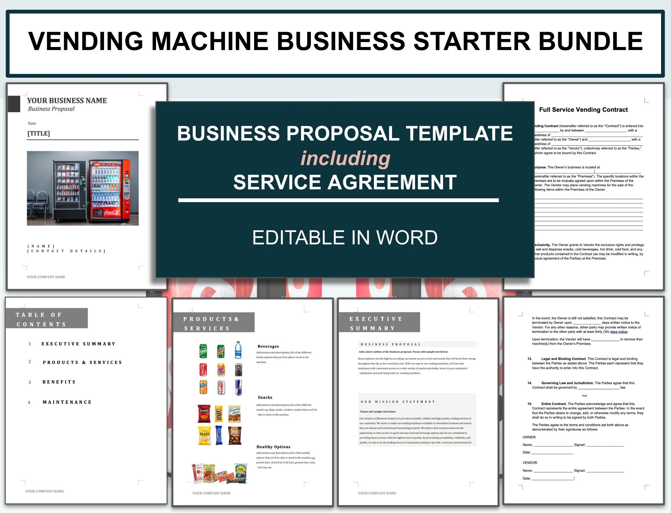 Vending Machine Business Starter Bundle TEMPLATE Site Agreement Business Proposal EDITABLE In Word