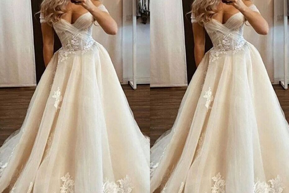 Vintage Champagne Wedding Dresses Off The Shoulder Lace Appliques Bridal Gowns