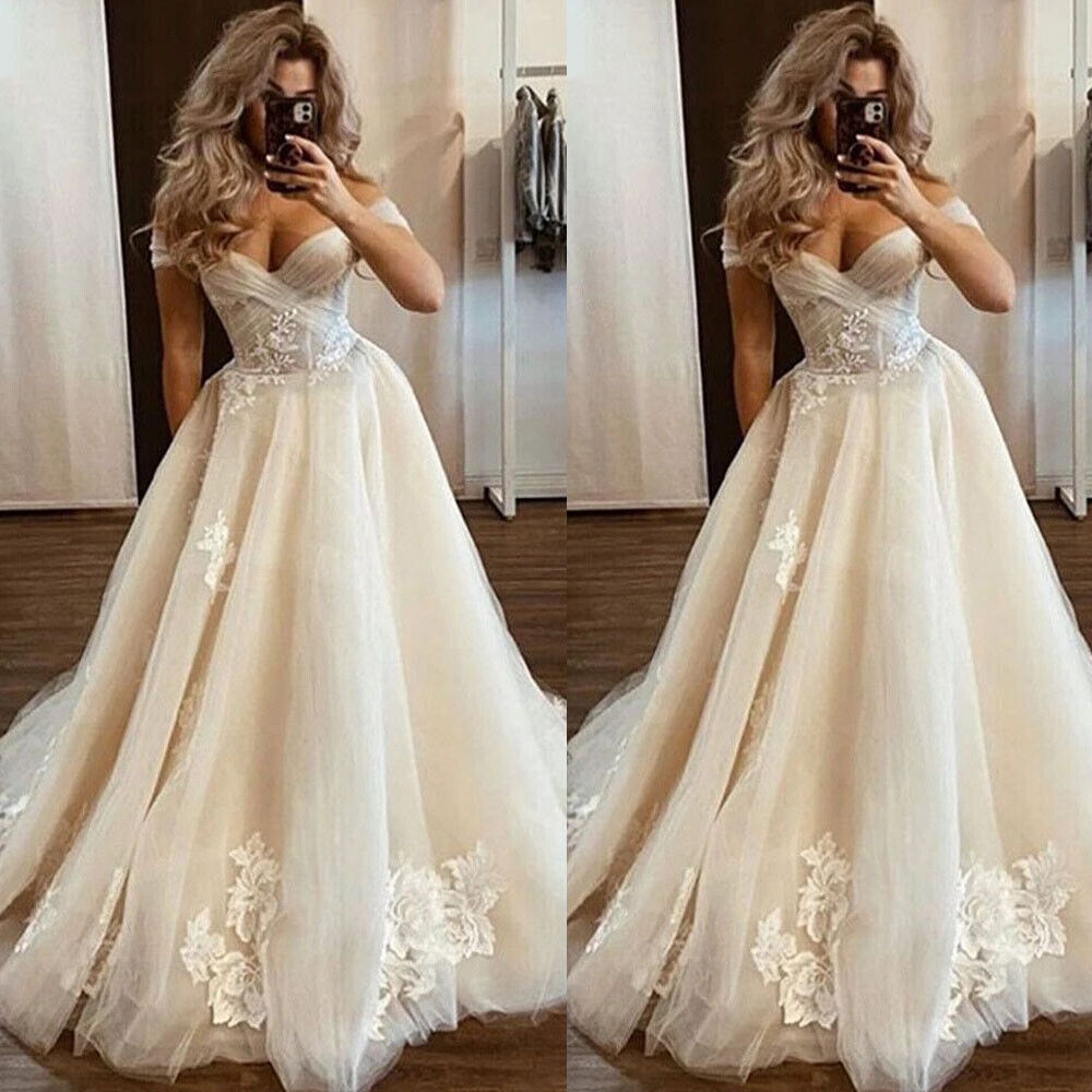 Vintage Champagne Wedding Dresses Off The Shoulder Lace Appliques Bridal Gowns