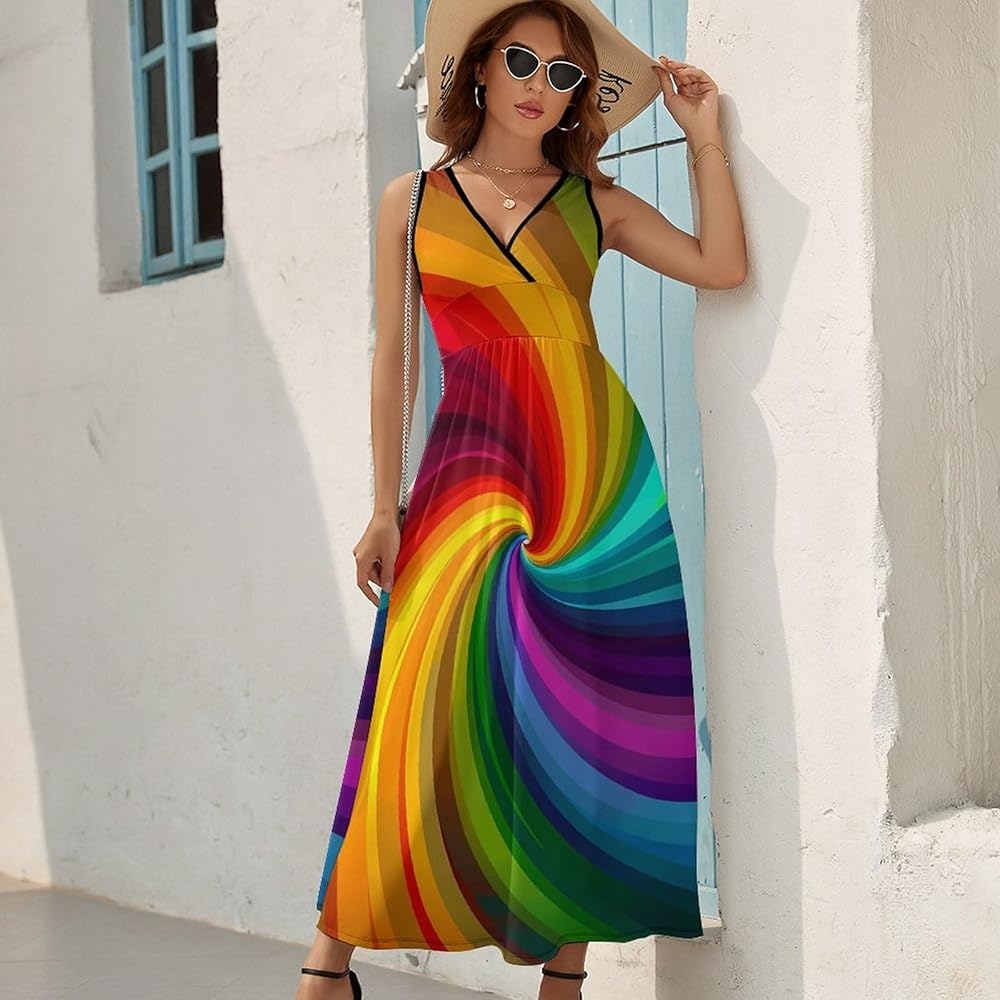 Vortex Swirling Colorful Rainbow Sleeveless Dress For Women Trendy V Neck Maxi Tank Dress Sundress At Amazon Women s Clothing Store