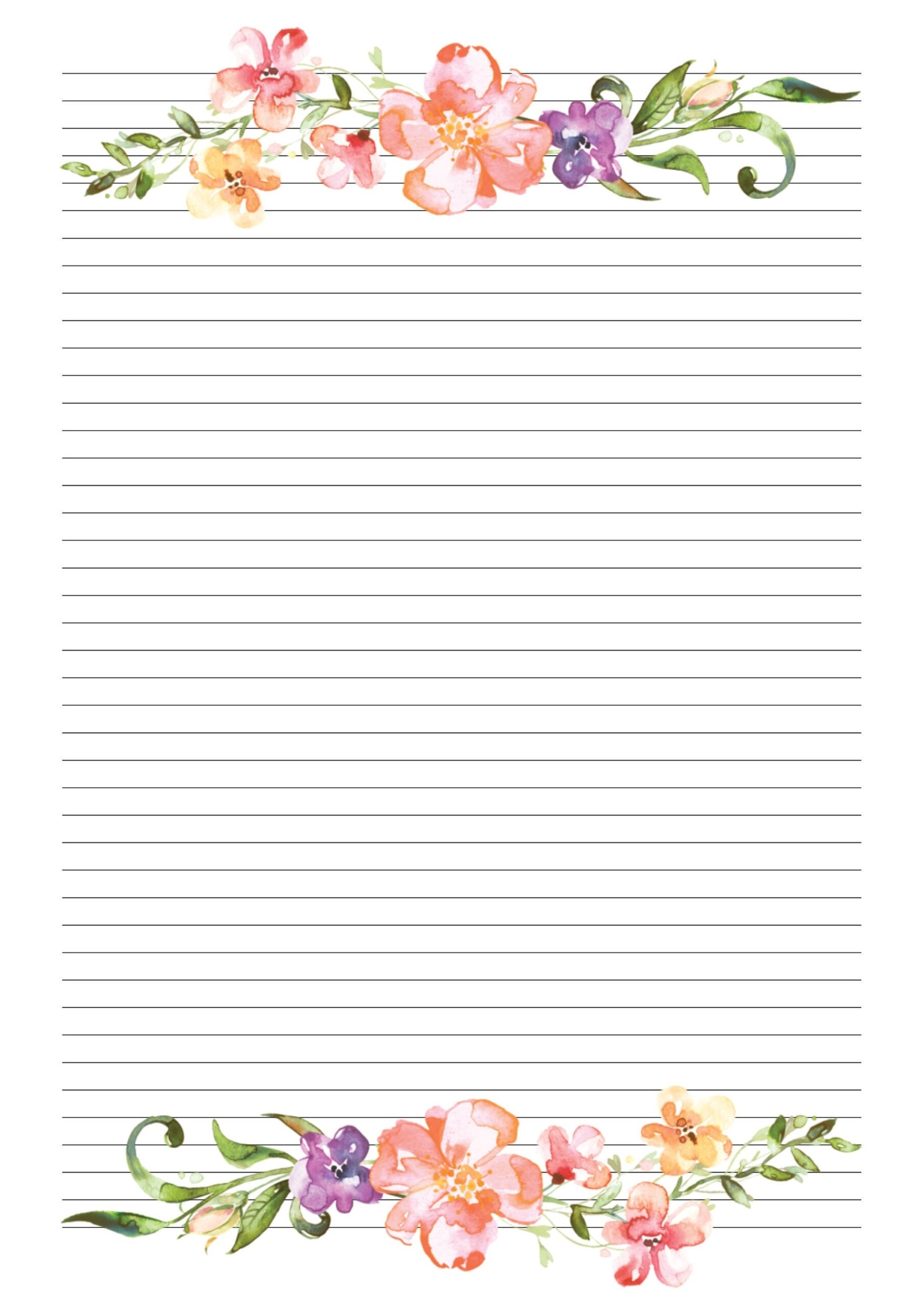 Watercolour Flower Border Lined A4 Paper Instant Download Printable Paper