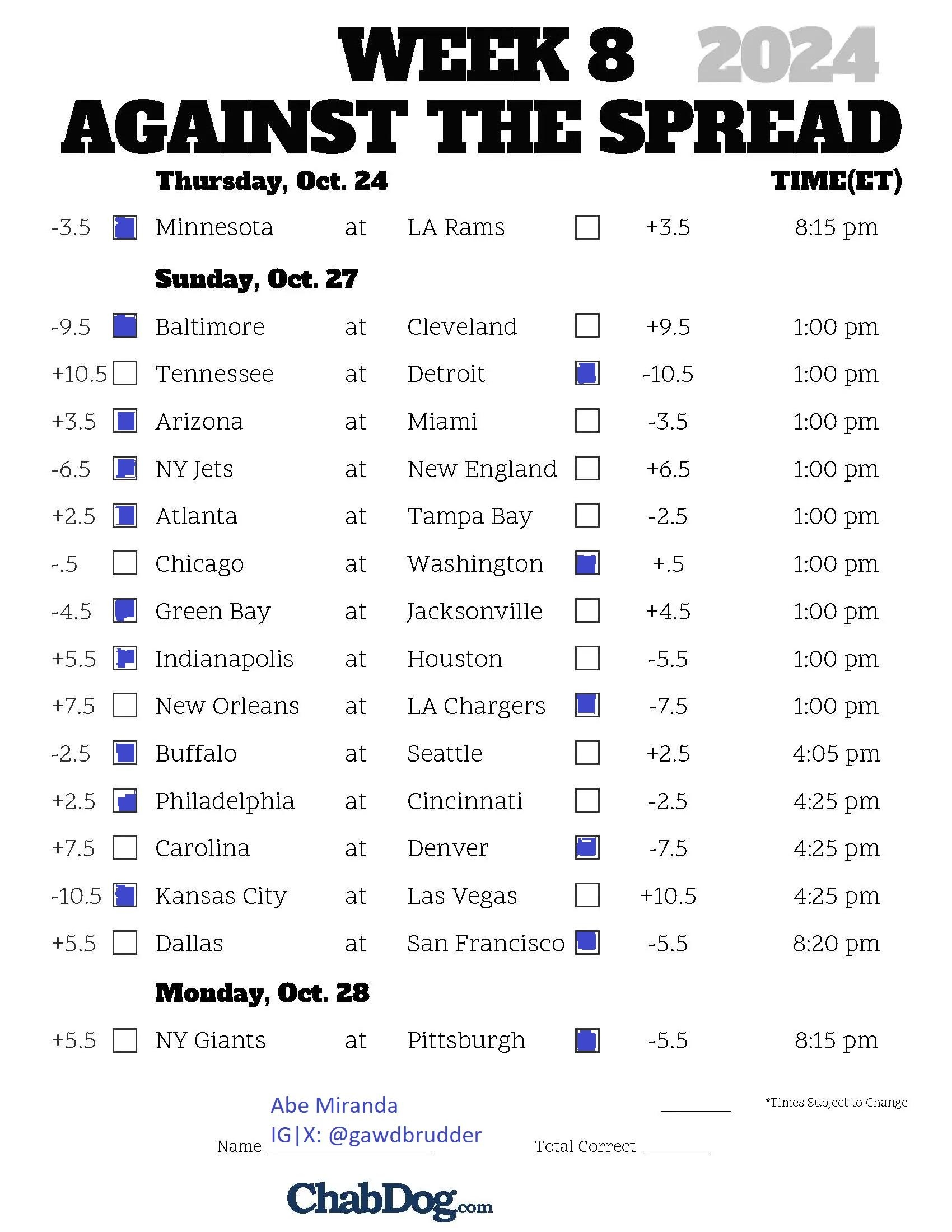 Week 8 Abe s Scrumdidilyumptious NFL Picks ATS ChabDog Sports 