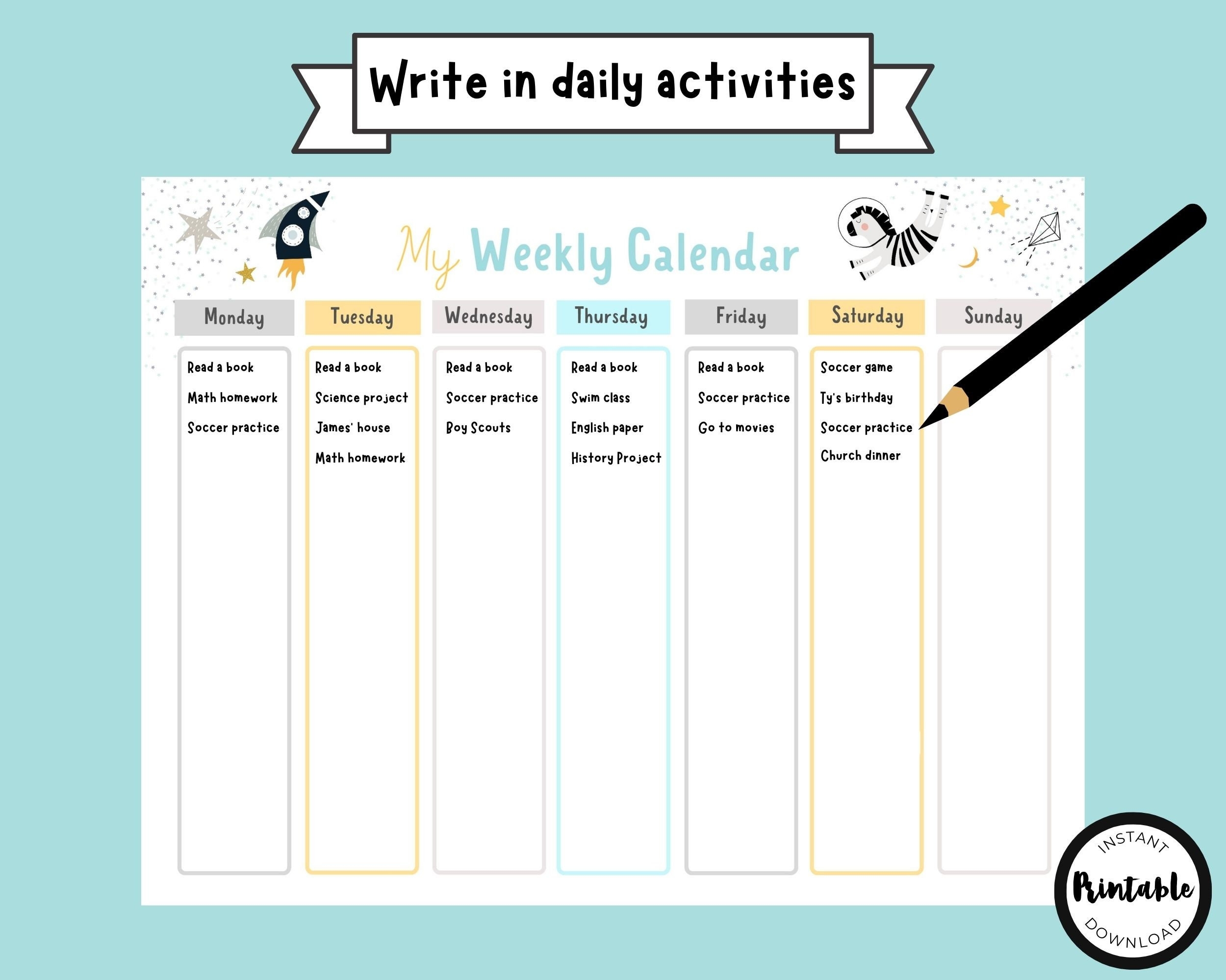 Weekly Calendar Printable For Kids Weekly Planner Week At A 