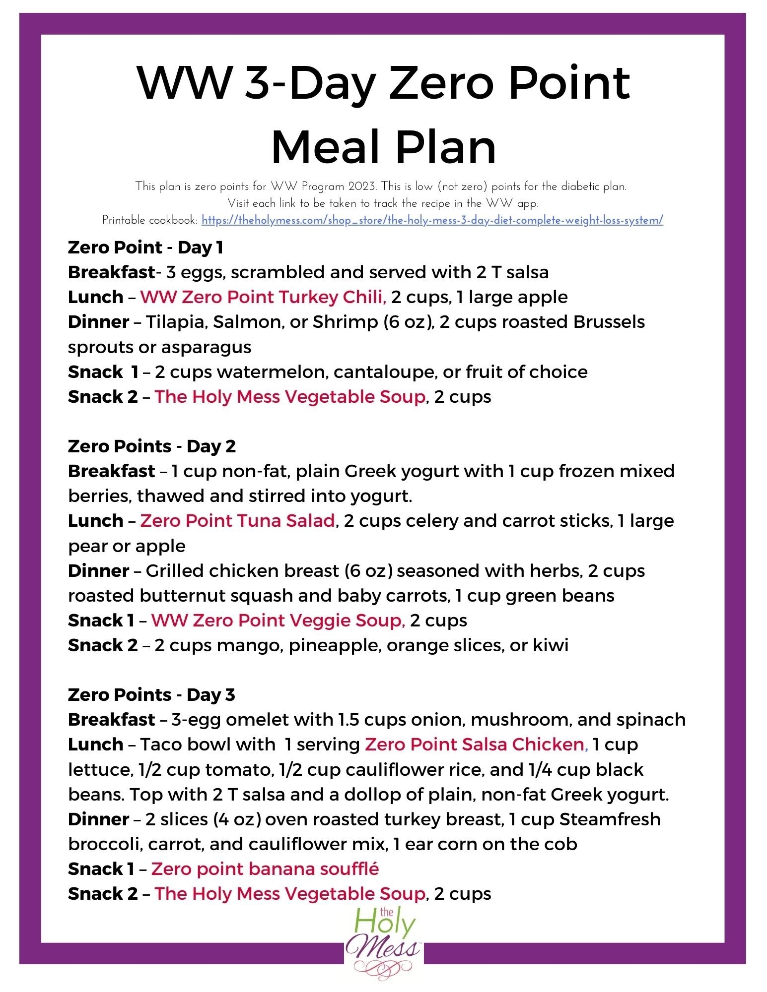 Weight Watchers 3 Day Zero Point Meal Plan Printable The Holy Mess