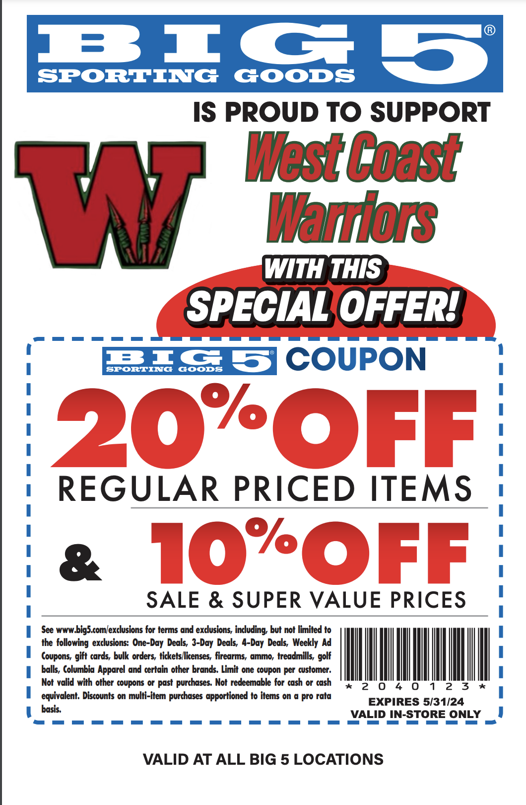 West Coast Warriors Announcement Big 5 Sporting Goods Coupon