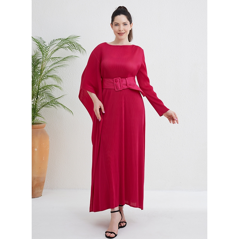Wholesale New Elegant Dresses Women Summer Solid Color Red Round Neck Long Sleeve Maxi With Belt Miyake Pleated Dress