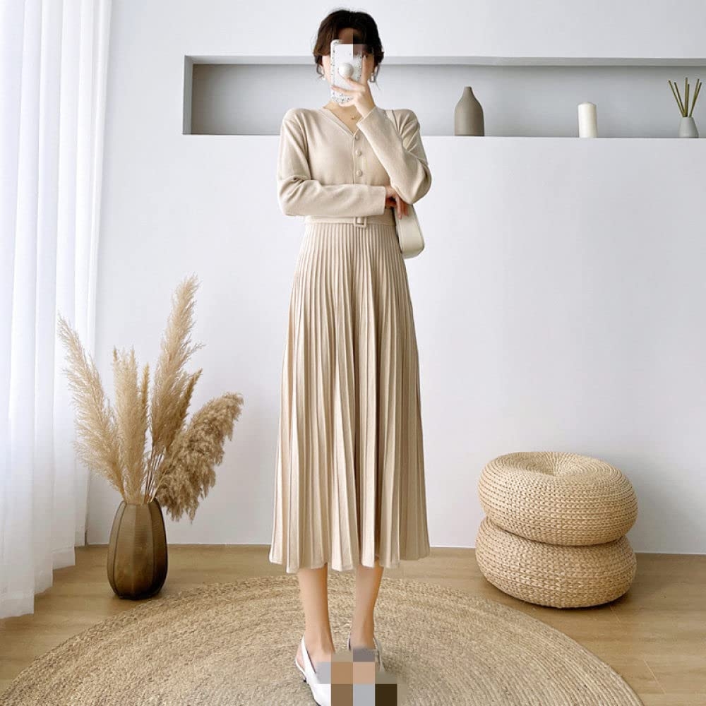 Women S Casual Dresses Women S Fitted Knitted Dress Beige Solid Color V Neck Button With Belt Pleated Skirt Sexy Elastic Knit Jumper Sweater Dresses Long Sleeve Bodycon Midi Casual Elegant Dress M Amazon co uk Fashion