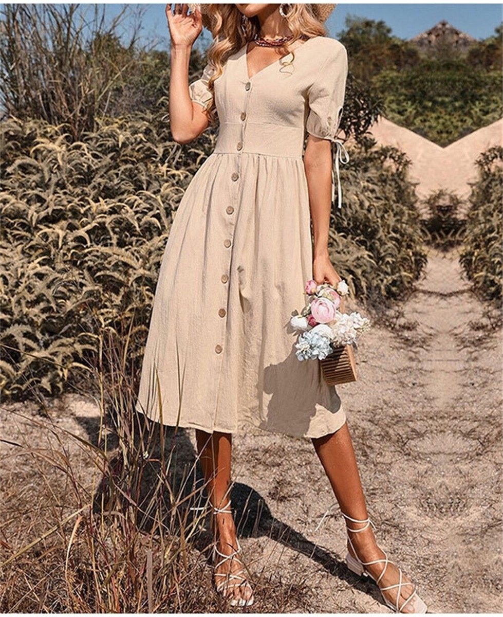 Women Summer Midi Dress Casual V Neck Short Sleeve Flowy Solid Color Dress New EBay UK