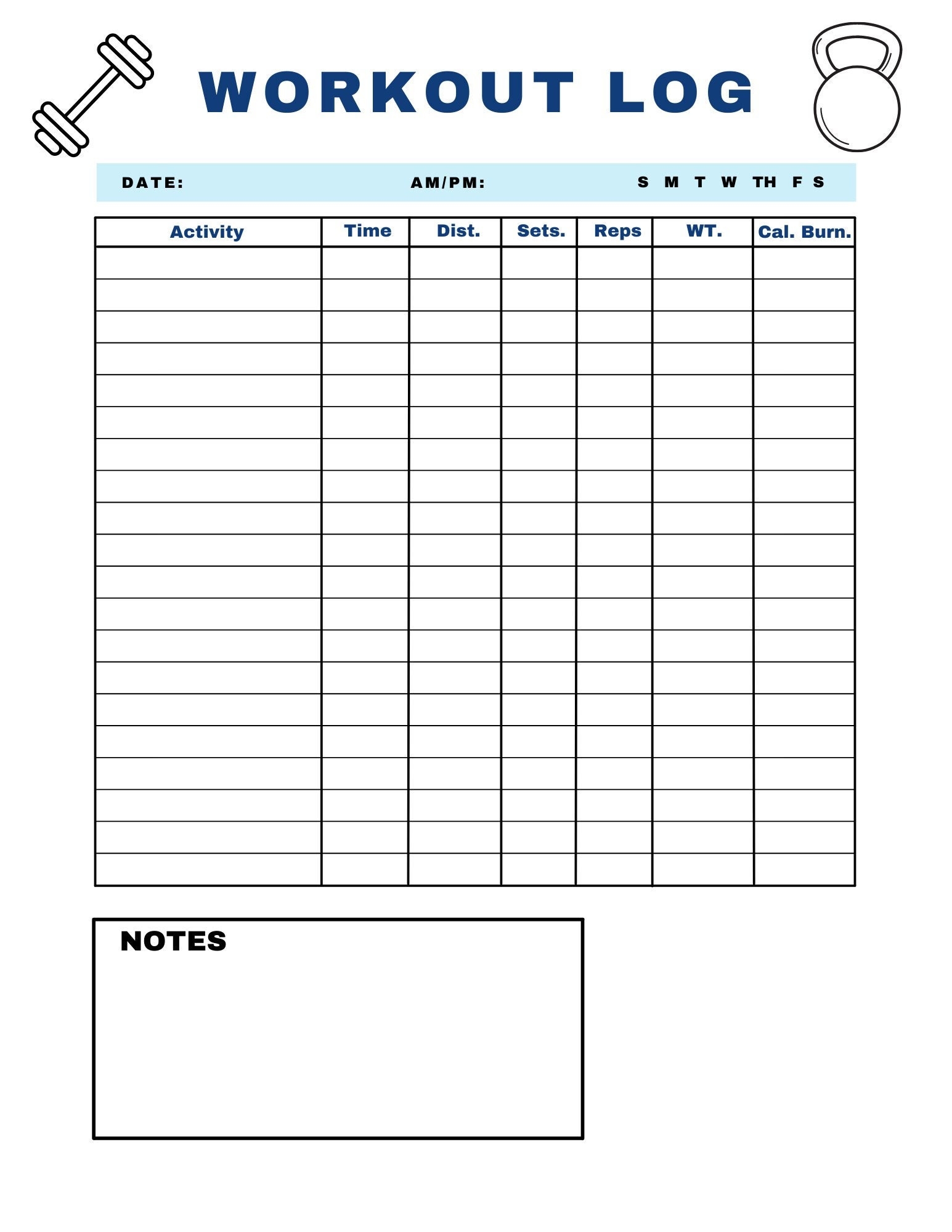 printable workout log template