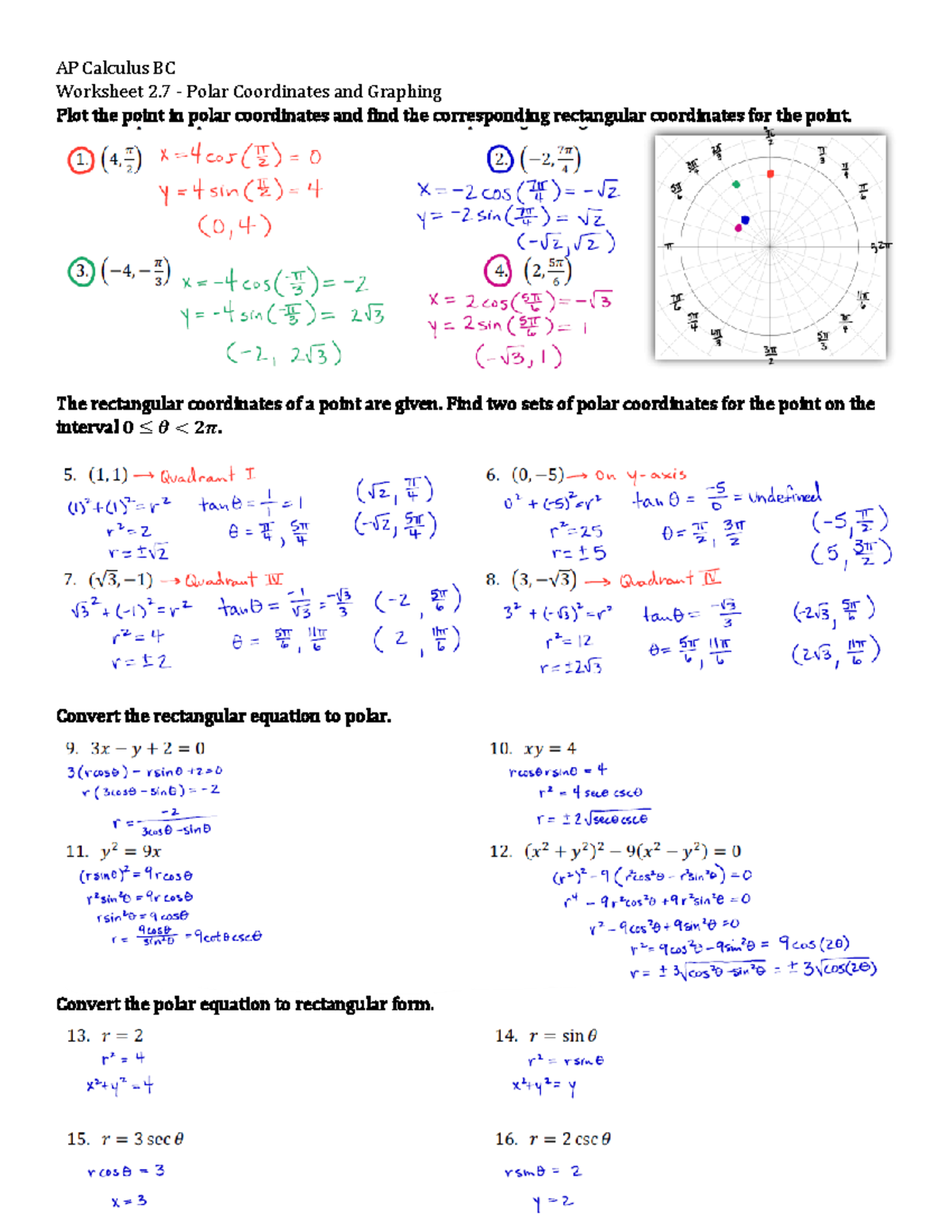 Worksheet 2 7 Polar Coordinates And Polar Graphs Answers AP Calculus BC Worksheet 2 Polar Studocu