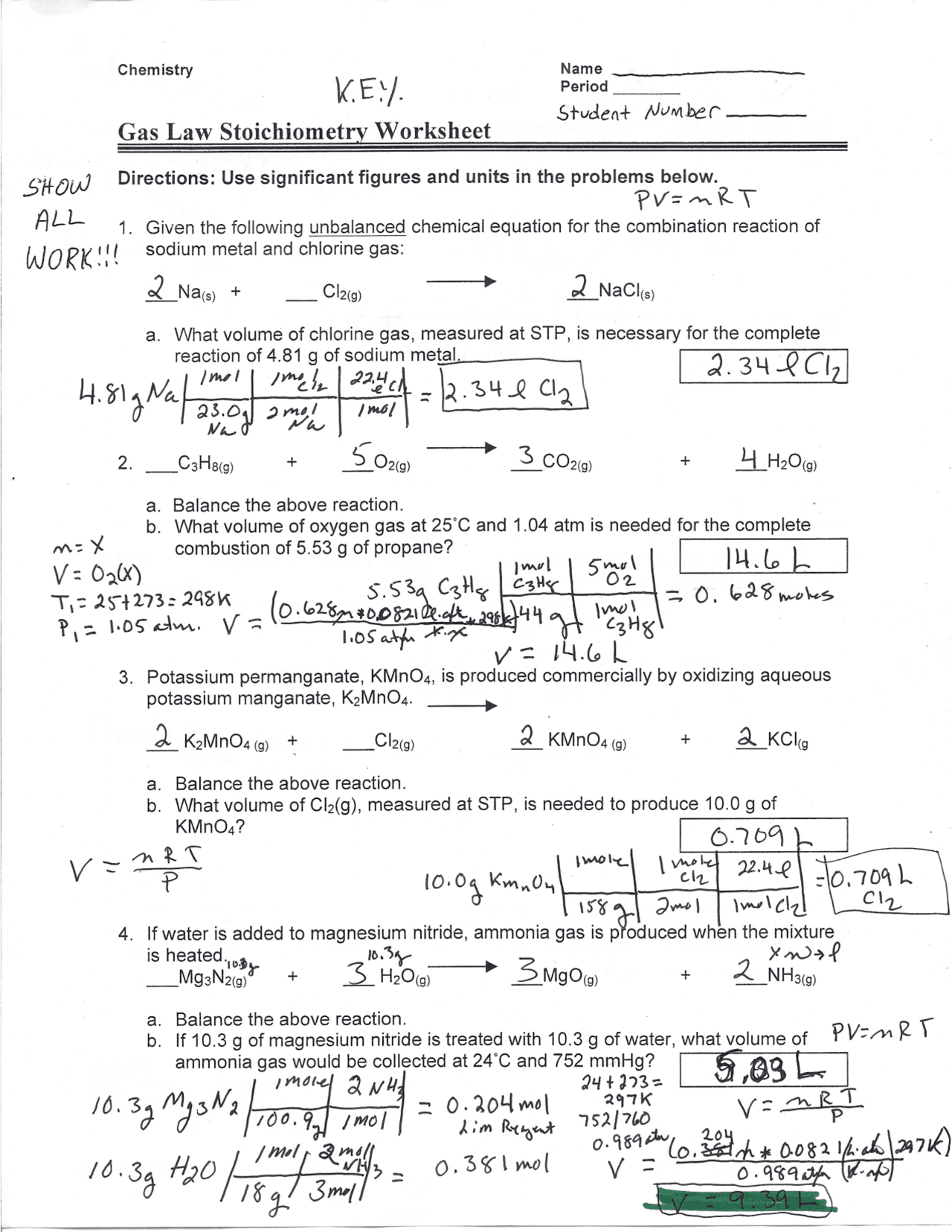 Worksheet Gas Law Stoichiometry Answer Key Exercises Chemistry Worksheets Library