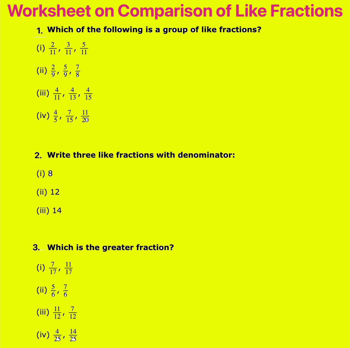 fraction comparison worksheet