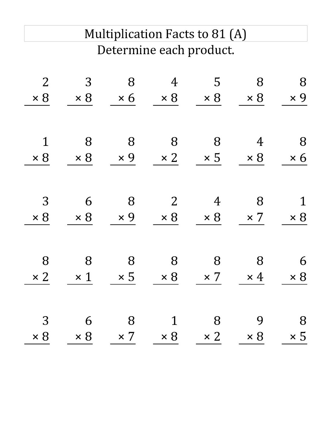 multiplication of 8 worksheets