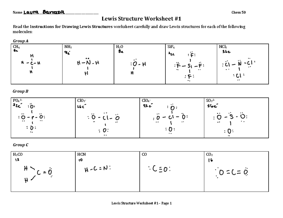 Worksheets Lewis Structures and Vsepr Lewis Structure Worksheet 1 Page 1 Name Studocu