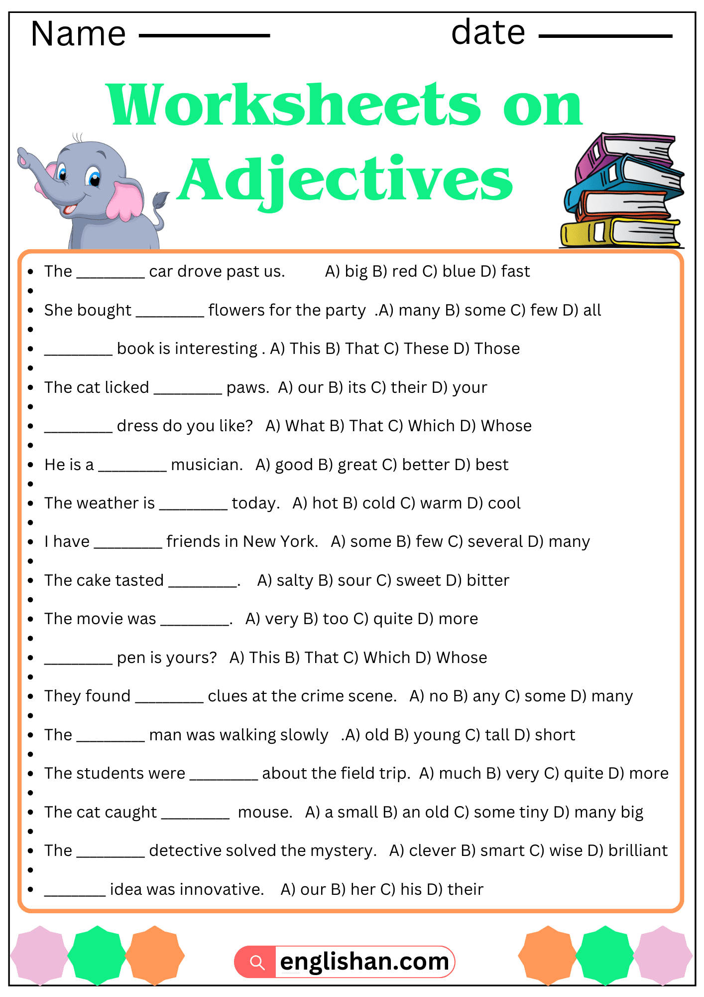 Worksheets On Adjectives Use Of Adjectives In Sentences