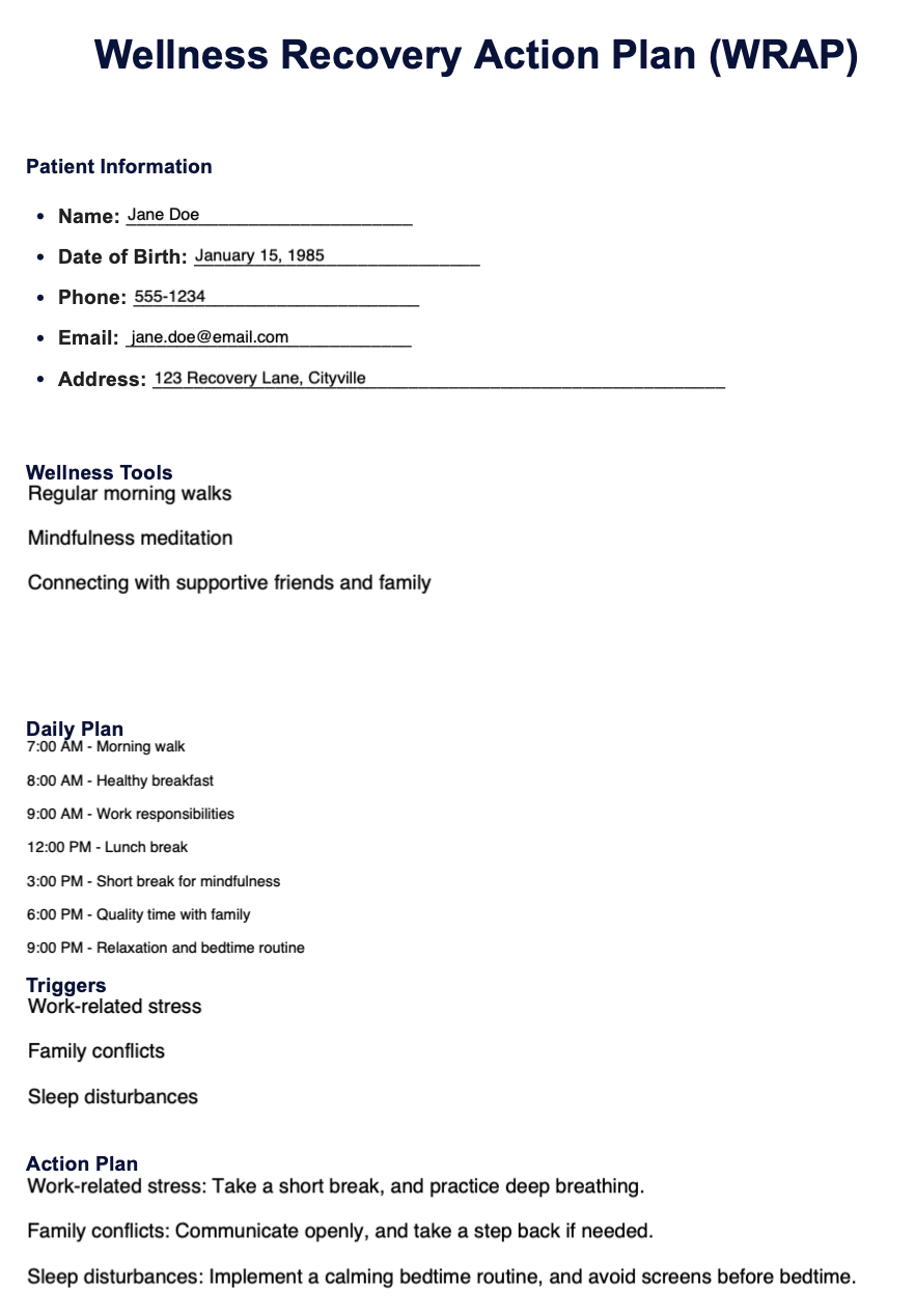 WRAP Wellness Recovery Action Plan Notion Template Worksheets Library