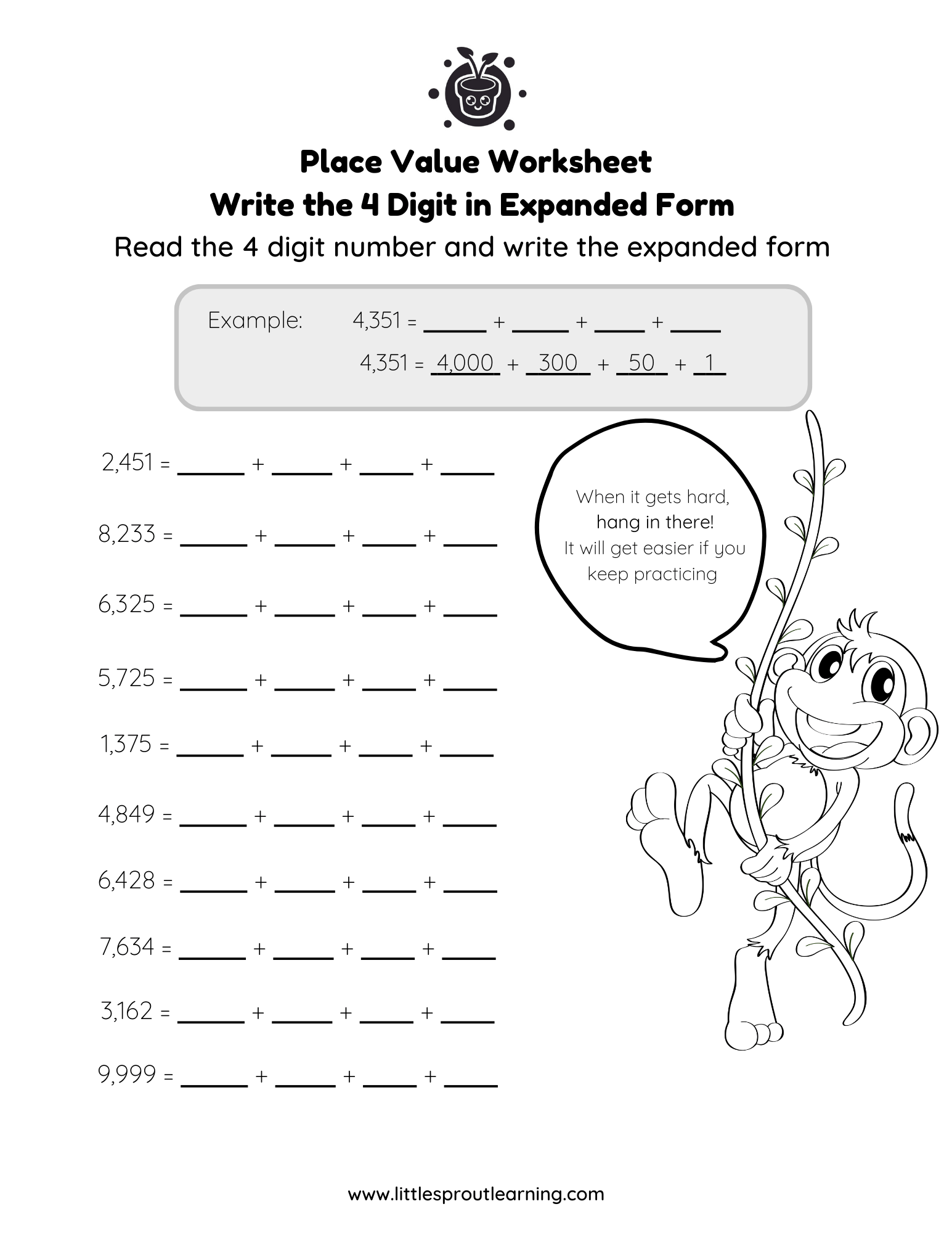 Writing 4 Digit Numbers In Expanded Form Little Sprout Art
