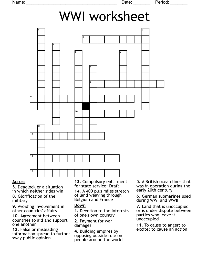 WWI Worksheet Crossword WordMint