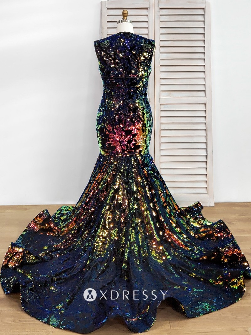 Xdressy Sparkly Iridescent Map Sequin Trumpet Prom Dress