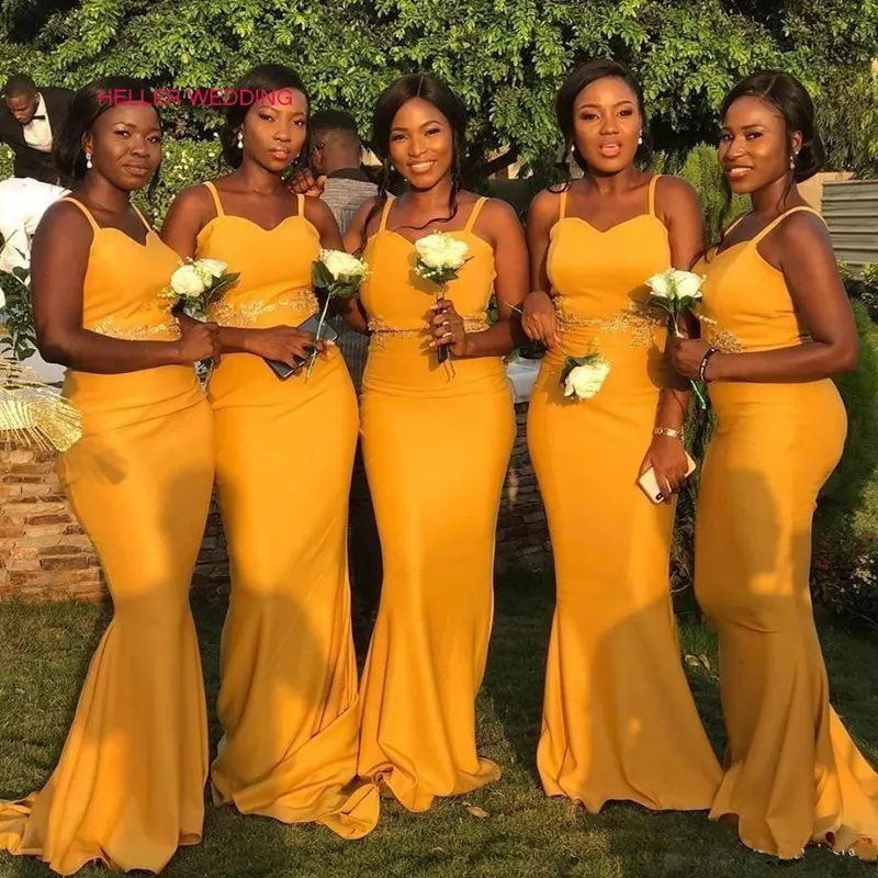 Yellow Appliqued Satin Mustard Yellow Bridesmaid Dresses With Spaghetti Straps Affordable Mermaid Style For Country Weddings And Maid Of Honor Gowns From Weddingsalon 82 87 DHgate Com
