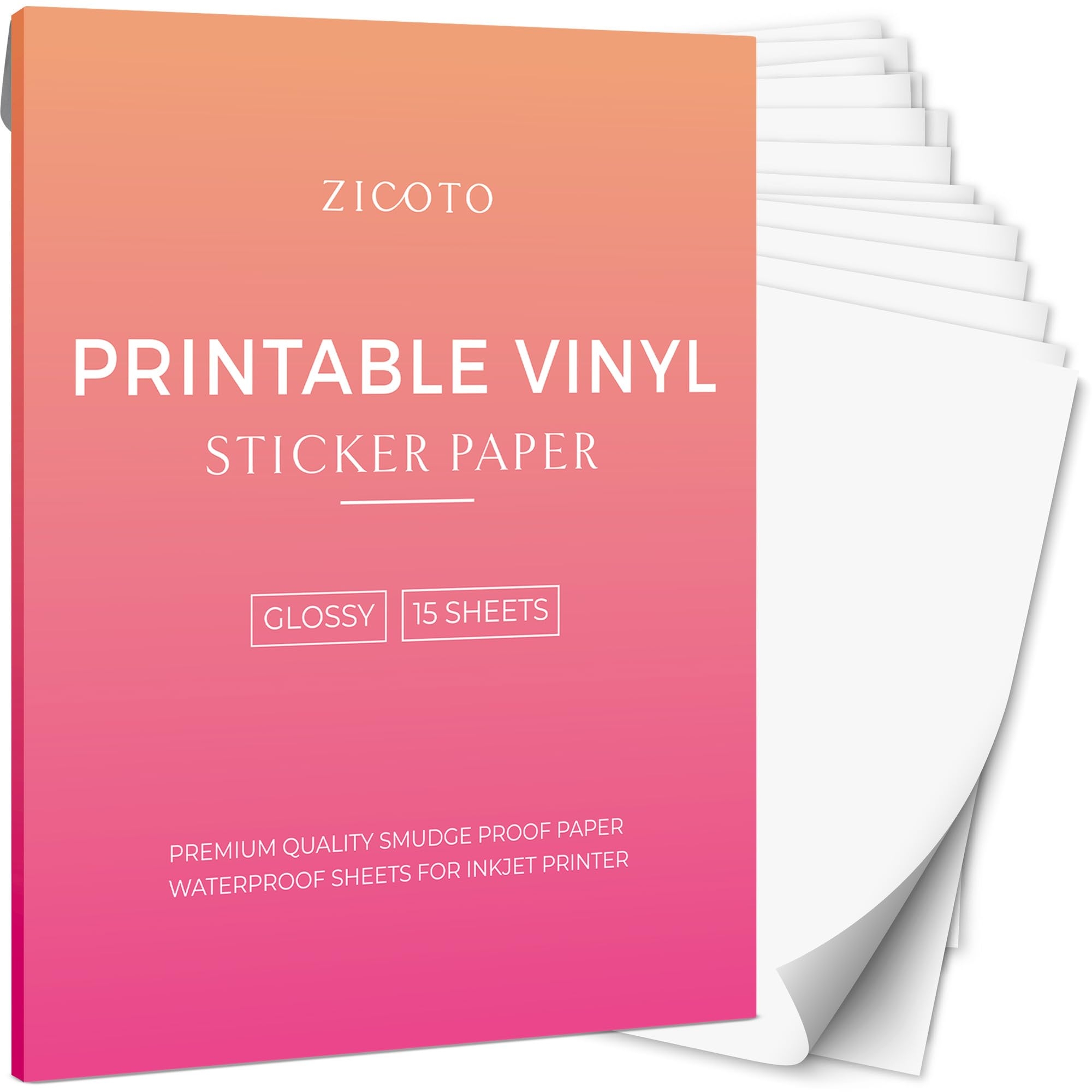 ZICOTO Premium Printable Vinyl Sticker Paper For Your Inkjet Or Laser Printer 15 Glossy White Waterproof Decal Paper Sheets Dries Q