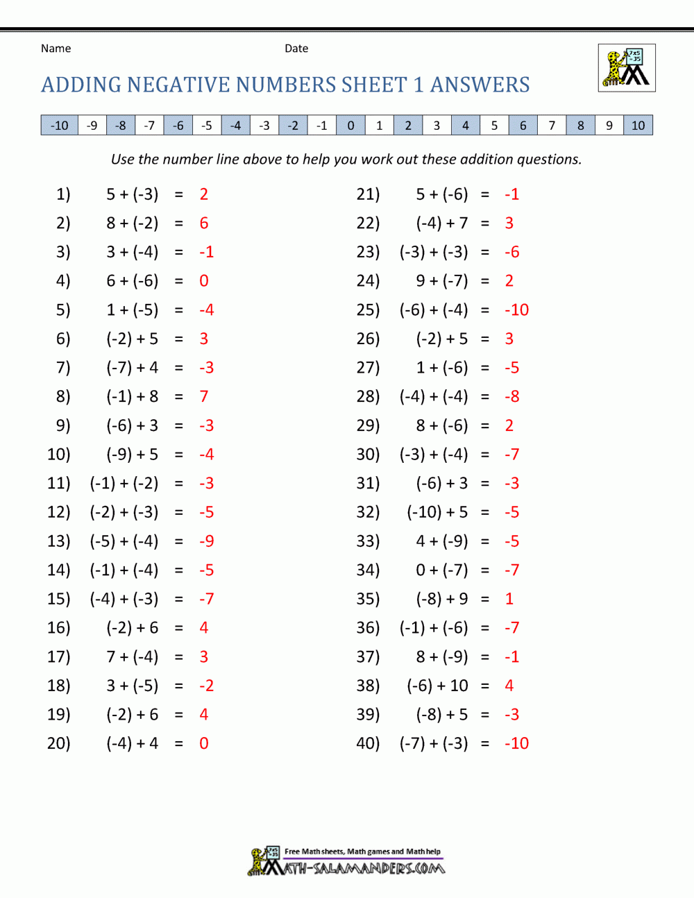 adding positive and negative integers worksheet