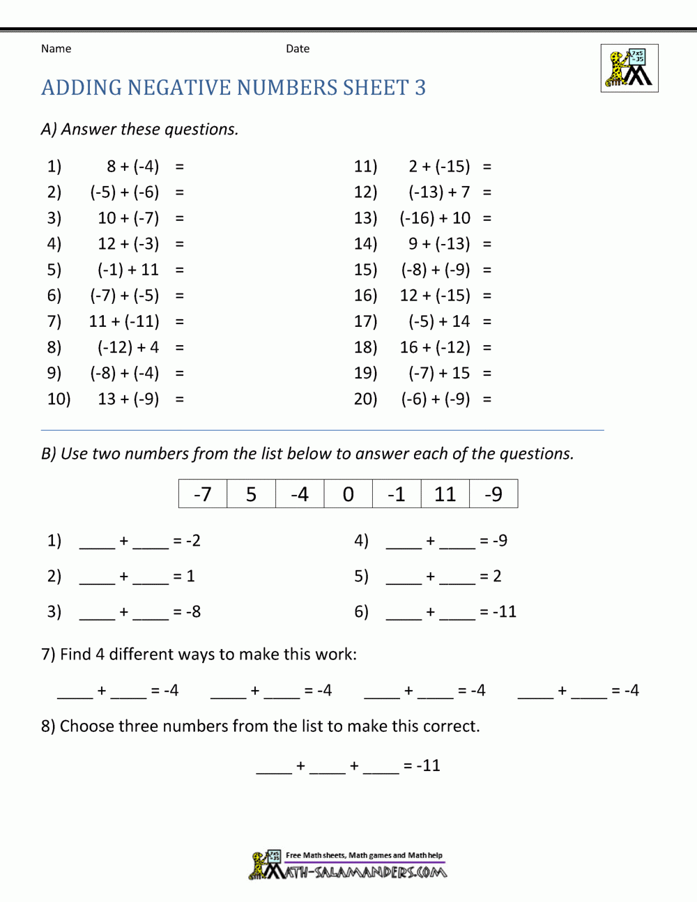 Adding Positive And Negative Numbers