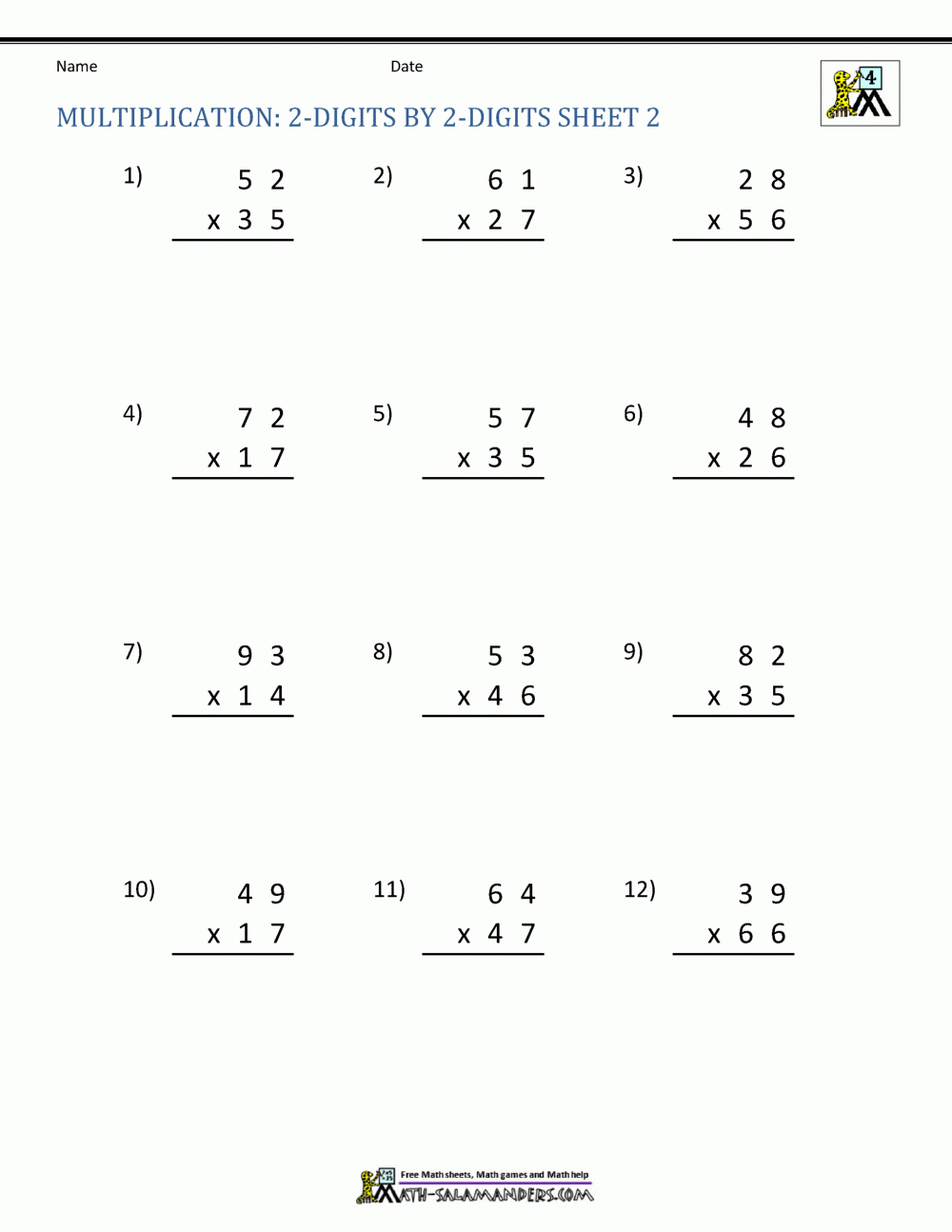 multiplication worksheets 2 digits